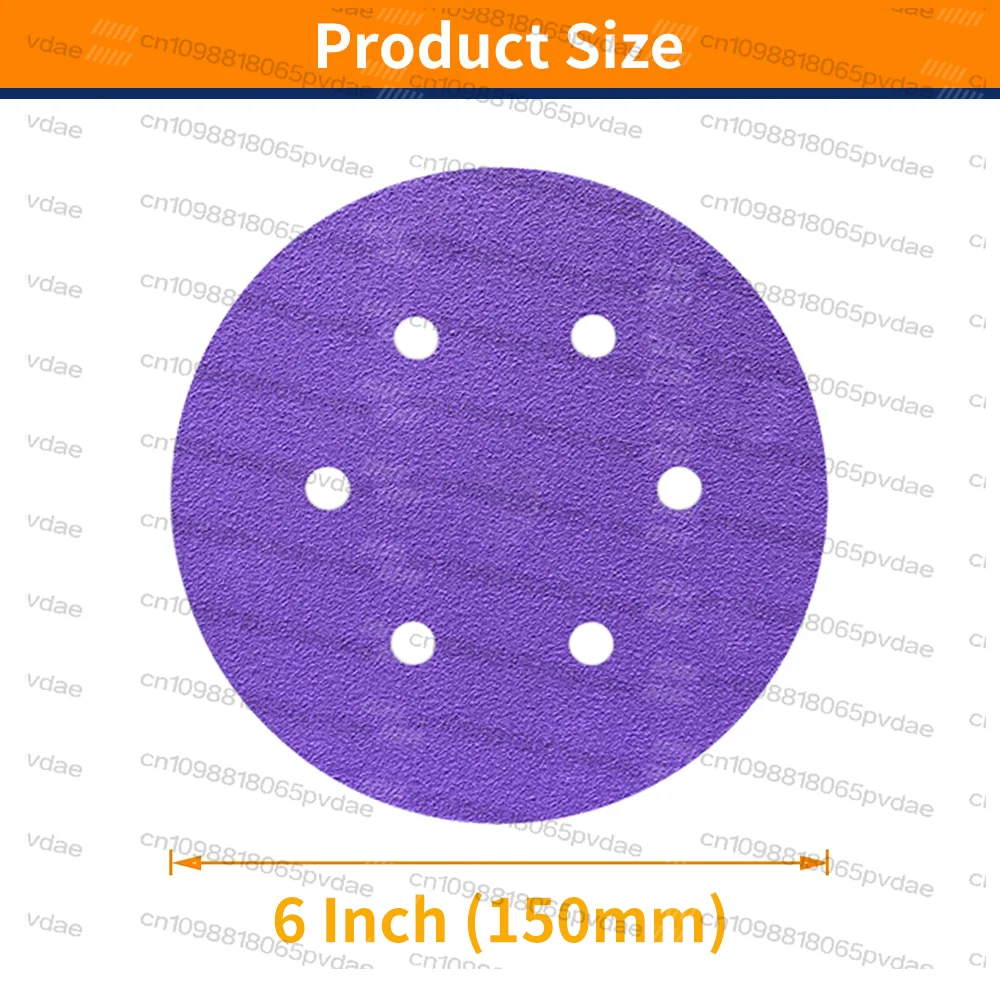 6 Inch 6 Hole Sanding Disc 150mm Hook and Loop Purple Ceramic Film Sandpaper for Wood Metal Paint Automotive,40-2000 Grit
