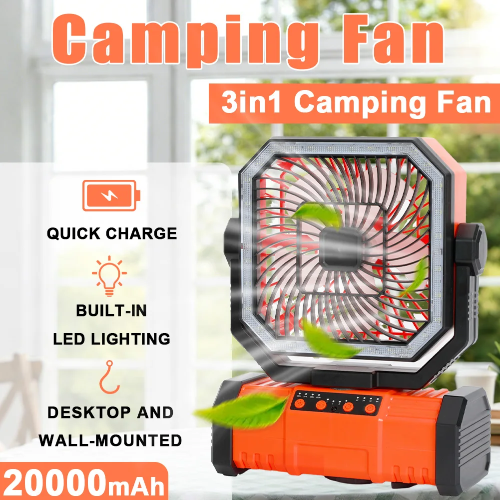 

Портативный уличный вентилятор 3-в-1 для кемпинга, 20000 мАч, перезаряжаемый, беспроводной, потолочный вентилятор для палатки с 5 скоростями, LED-подсветкой и функцией питания