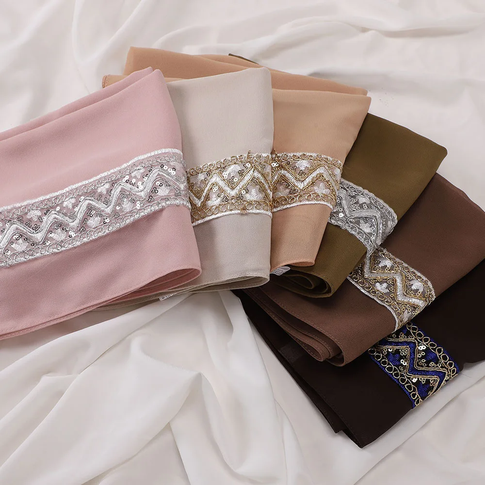 New Pearl Chiffon Embroidered Sequine Headscarf Malay Indonesian Fashion Lace Women Scarf Muslim Hijab Turban Shawls Wrap Stole