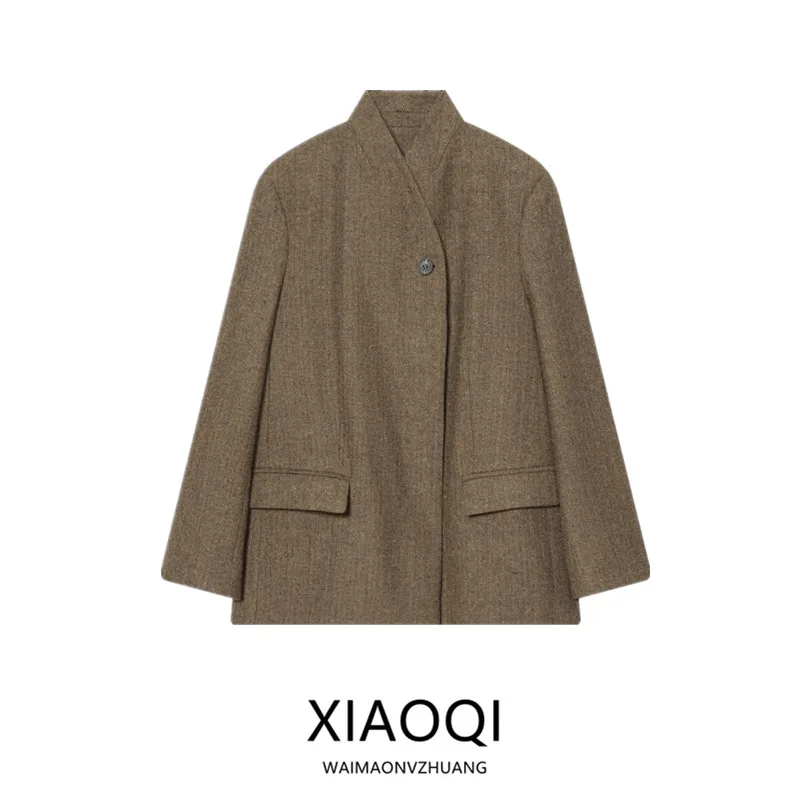 Winter 2025 Women's Fashionable Commute Mixed Woolen Plaid Suit Jacket Long Sleeve Stand Collar Single Button Closure New Arr...
