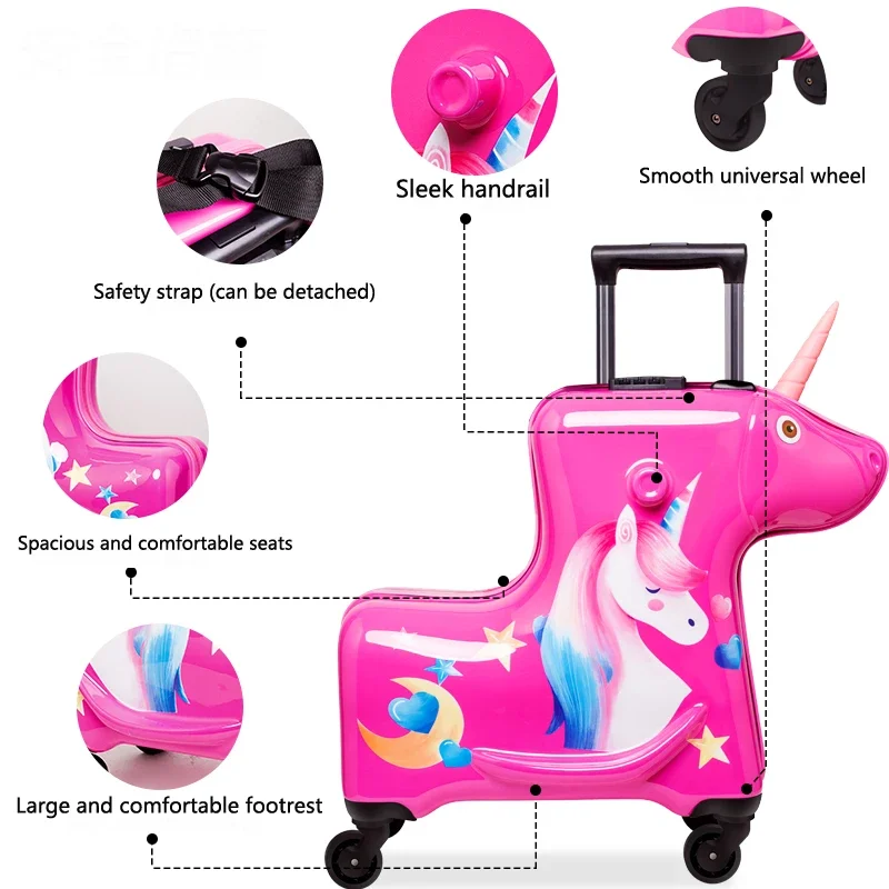 New Kids trolley luggage,Cartoon pink suitcase on wheels,girls unicorn Multifunction Trojan horse Rolling luggage,trolley case