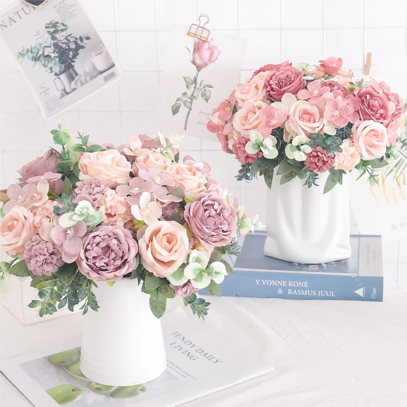 Kunstbloemen Zijde Pioen Hortensia Voor Woonkamer Huisdecoratie Bruiloft Bruid Boeket Rose Nep Planten Tafelaccessoires