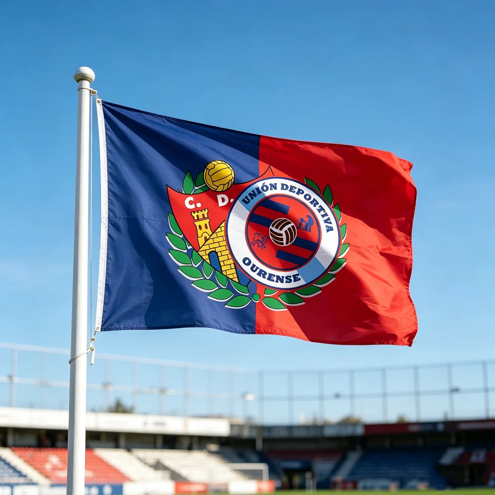 3x5 Ft UD Ourense Football Club Flag Polyester Blue Red Split Crest Design Unión Deportiva Ourense Soccer Banner for Fan Wall