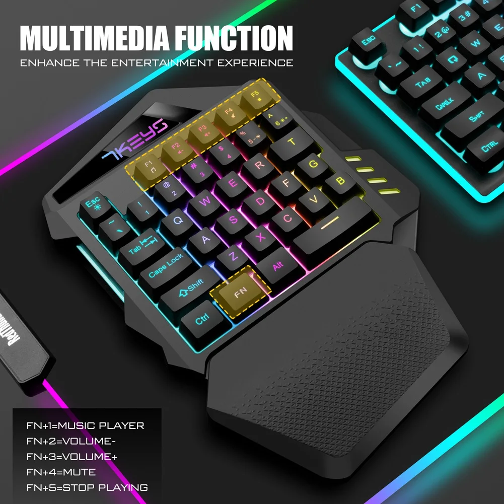One Hand Wireless Gaming Keyboard RGB Backlit Portable Mini Keyboard Game Controller for PC Gamer