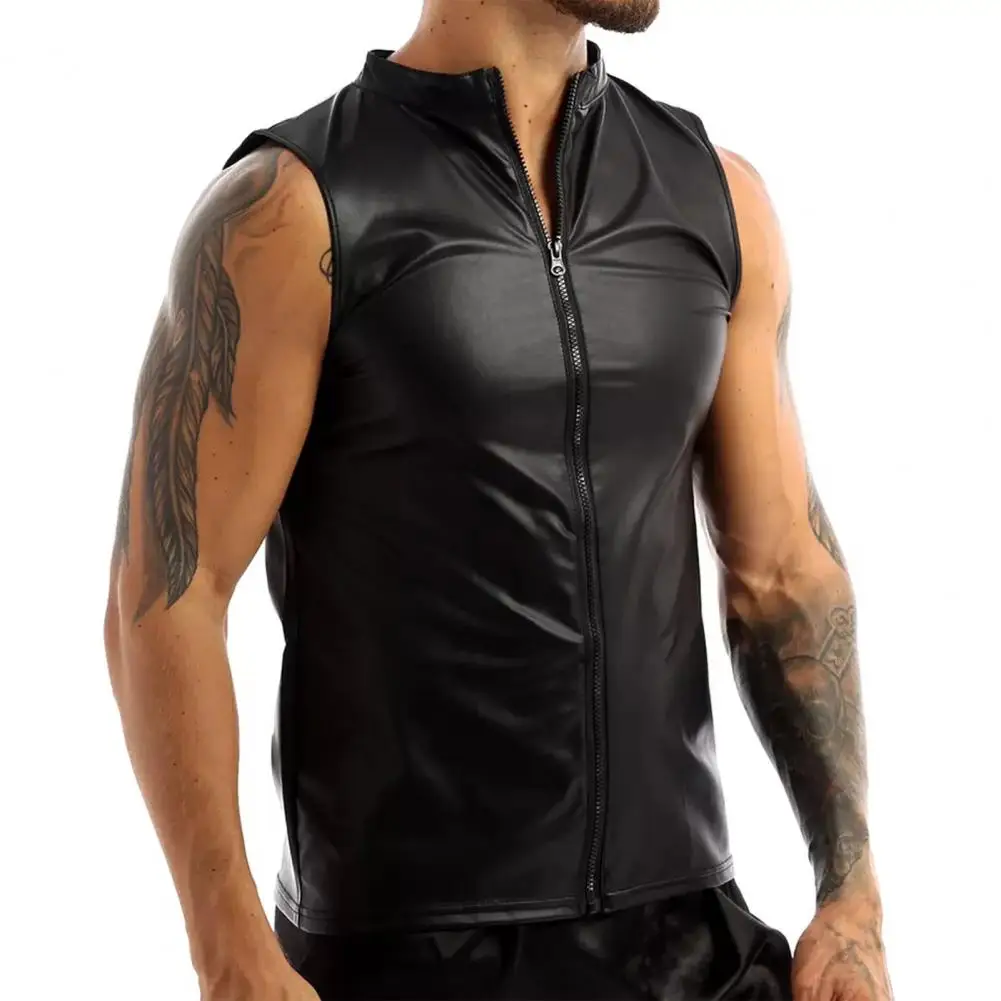 Sleeveless Men Summer Vest Leather Black Slim Zipper Cardigan Solid Color Plus Size Tank Tops Party