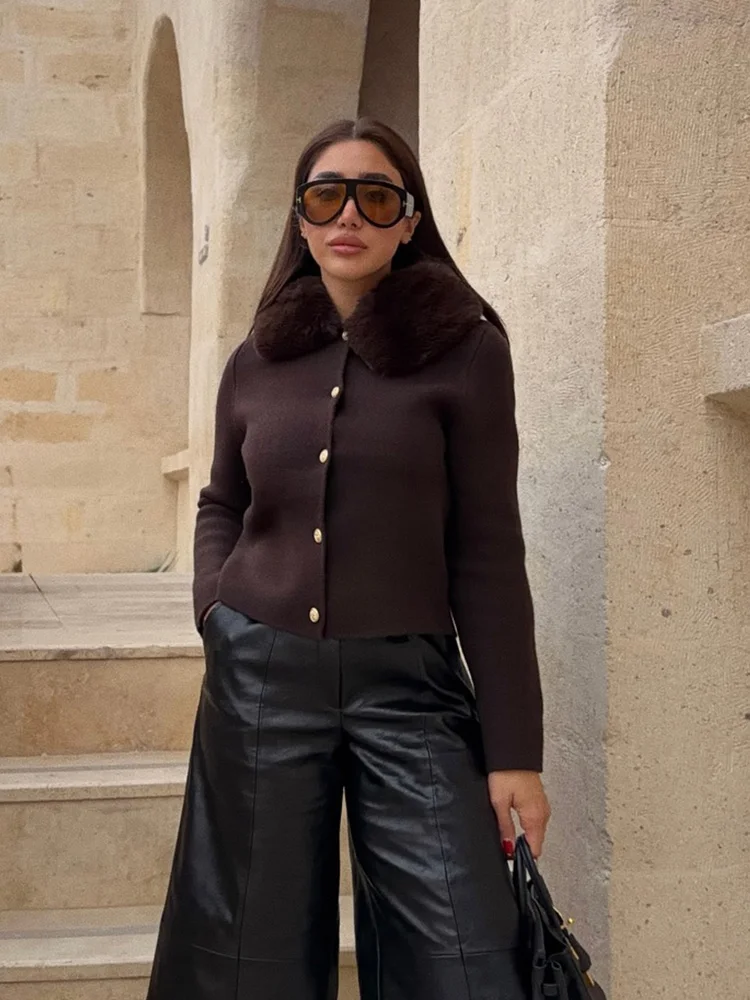 

HH Women Fashion Versatile Faux Fur Effect Lapel Knitted Jacket Autumn Women High Street Casual Single-breasted Solid Sweater