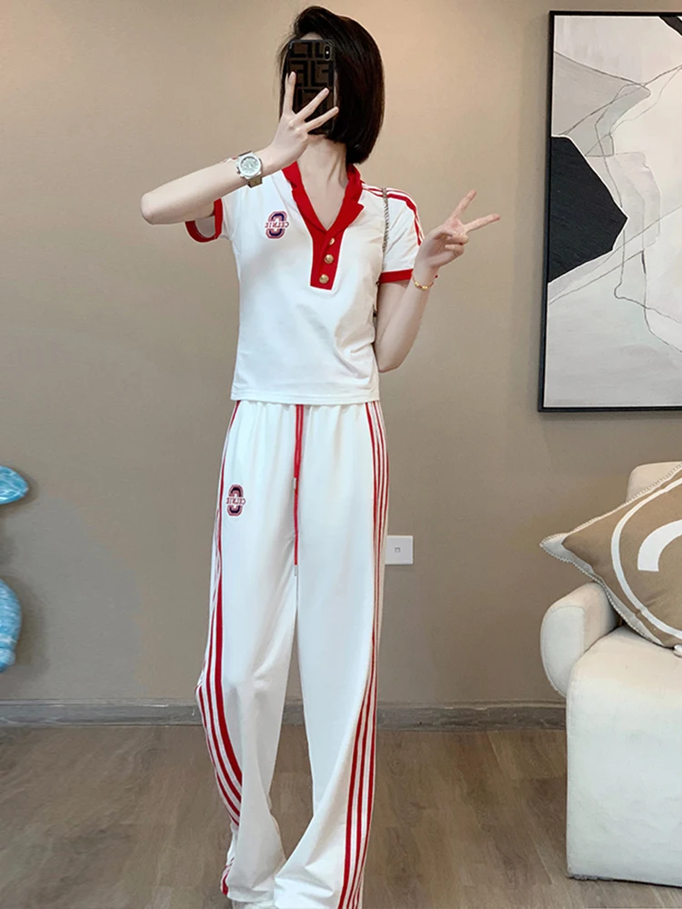 high-end-brand-women's-summer-spor-casual-set-v-ne-wide-leg-pants-two-piece-tea-color-trendy-outfit-cotton-blend-elastic