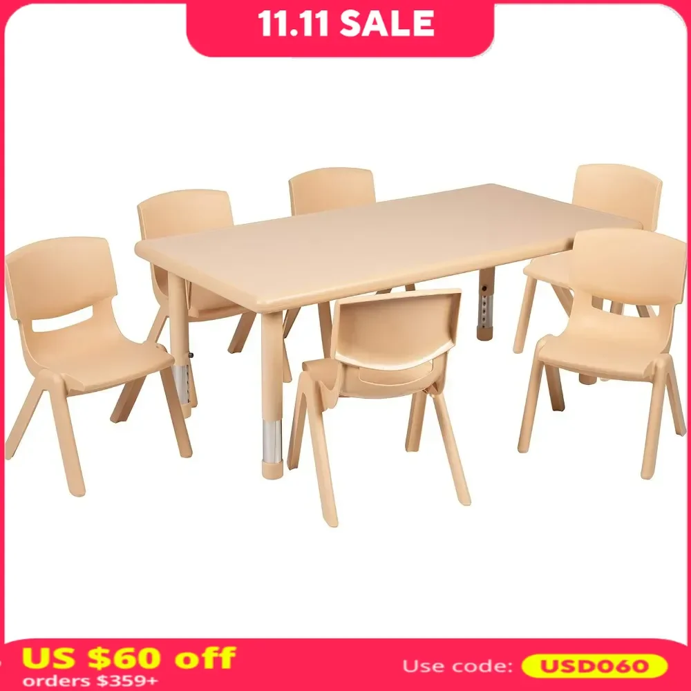 Children's Chair,with 6 Stackable Chairs, Rectangular Plastic Activity Table For Kids, Children's Table Chair Set