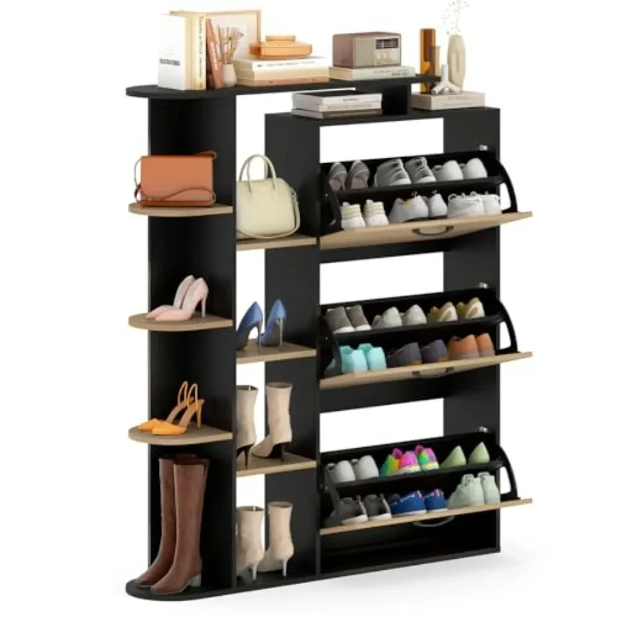 Shoe Storage Cabinet for Entryway with Wood Material, Natural Color, 3 Flip Drawers + 8-Tier Side Open Shelves, Space-Saving Na
