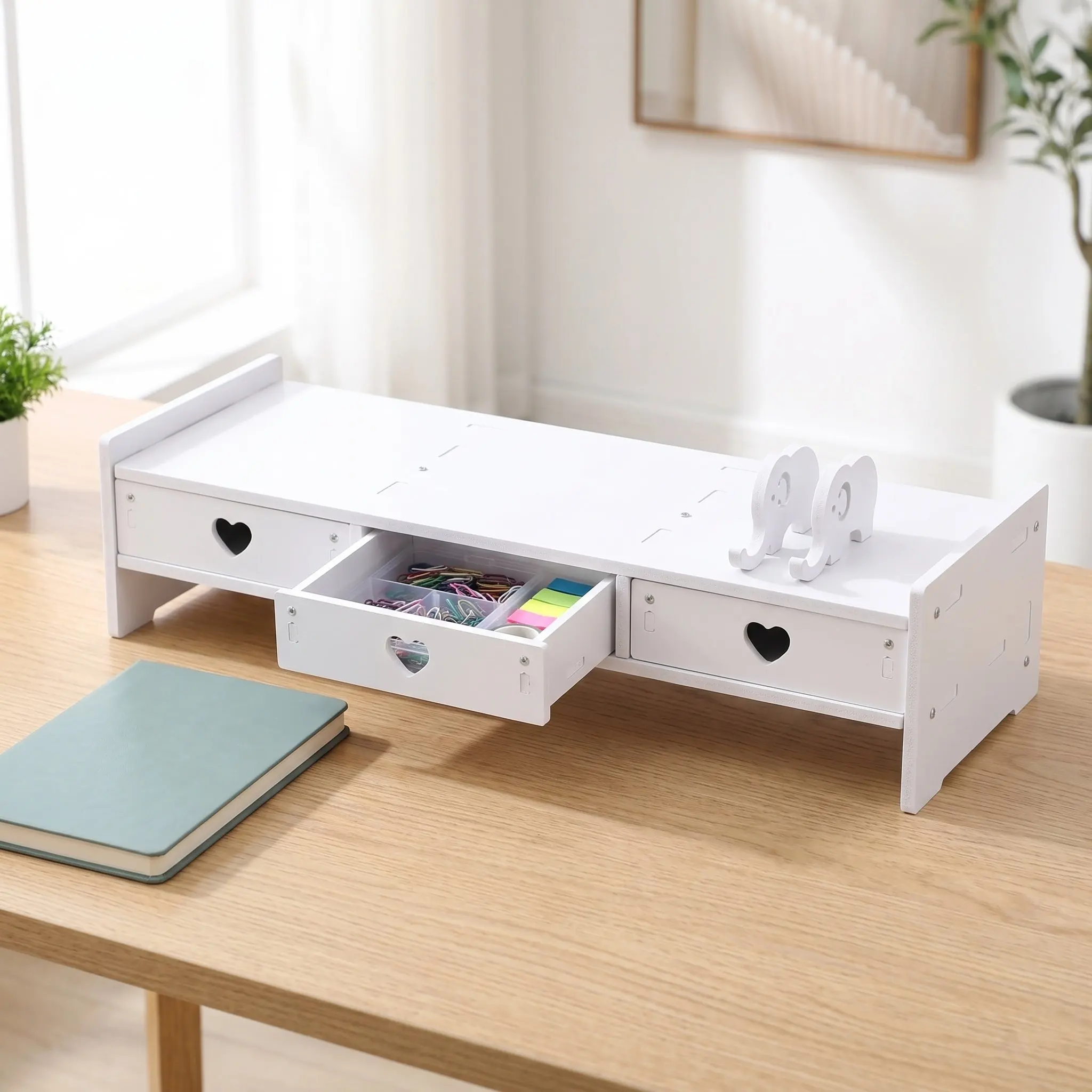 Monitor Riser with Keyboard Storage and Drawer Type PVC Wood-Composite Computer Stand Office Desk Organizer Monitor Desktop