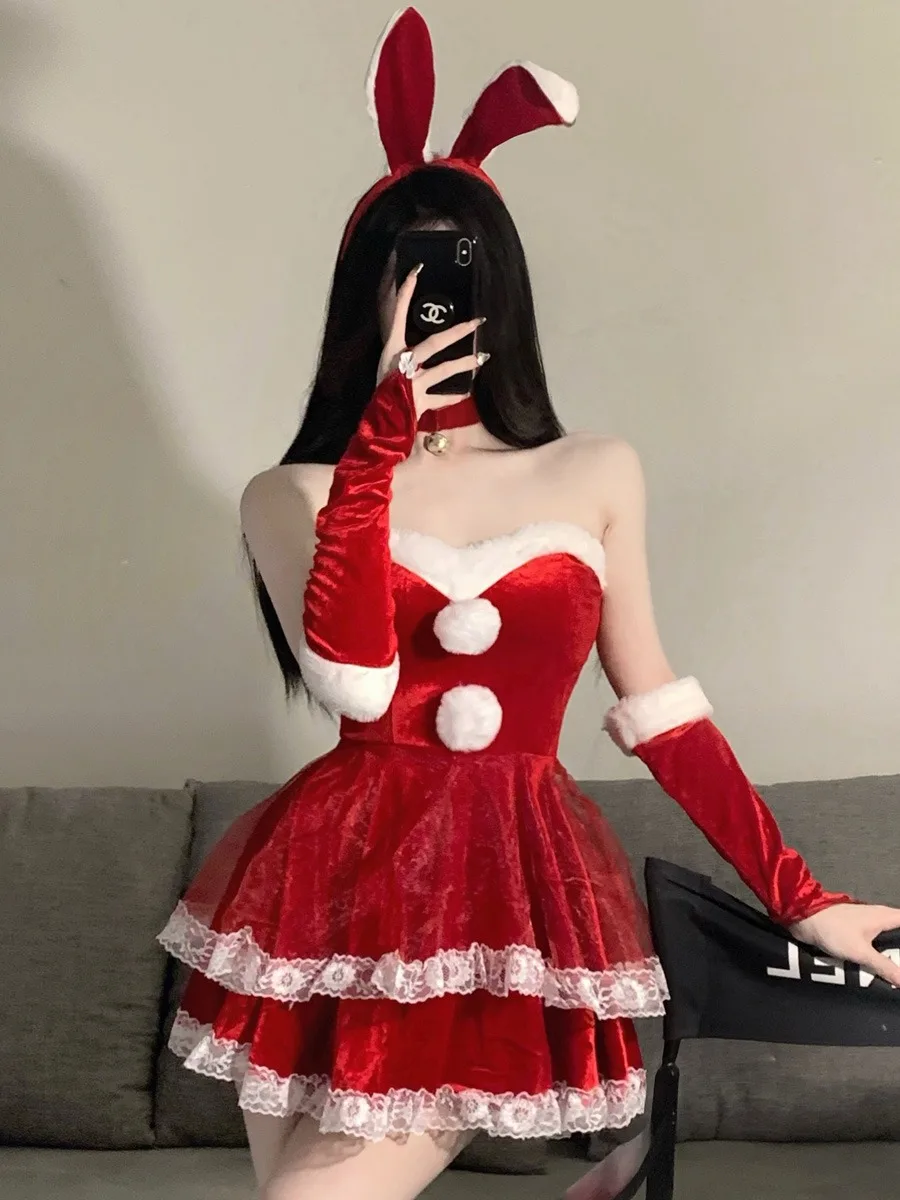 Red Sexy Christmas Lingerie Women See Through Bodysuit Open Bra Tights Erotic Anime Cosplay Hollow Costumes Crotchless Jumpsuit