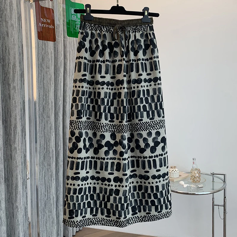 

Retro Print Lyocell Cotton Lin f Skirt Women's Summer New Loose Casual Lightweight Straight Skirt Versatili