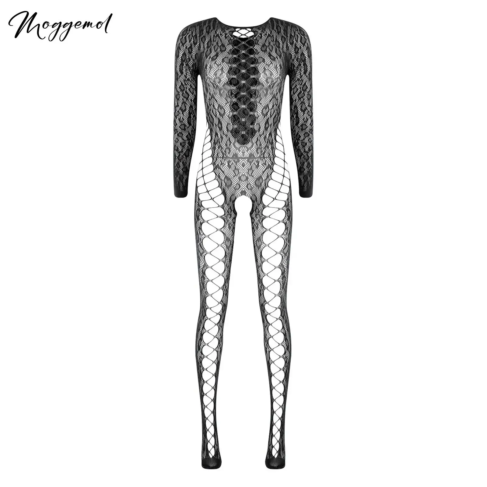 

Womens See Through Fishnet Stretchy Bodysuit Long Sleeve Crotchless Footed Jumpsuit One-Piece Bodycon Unitard for Nightclub