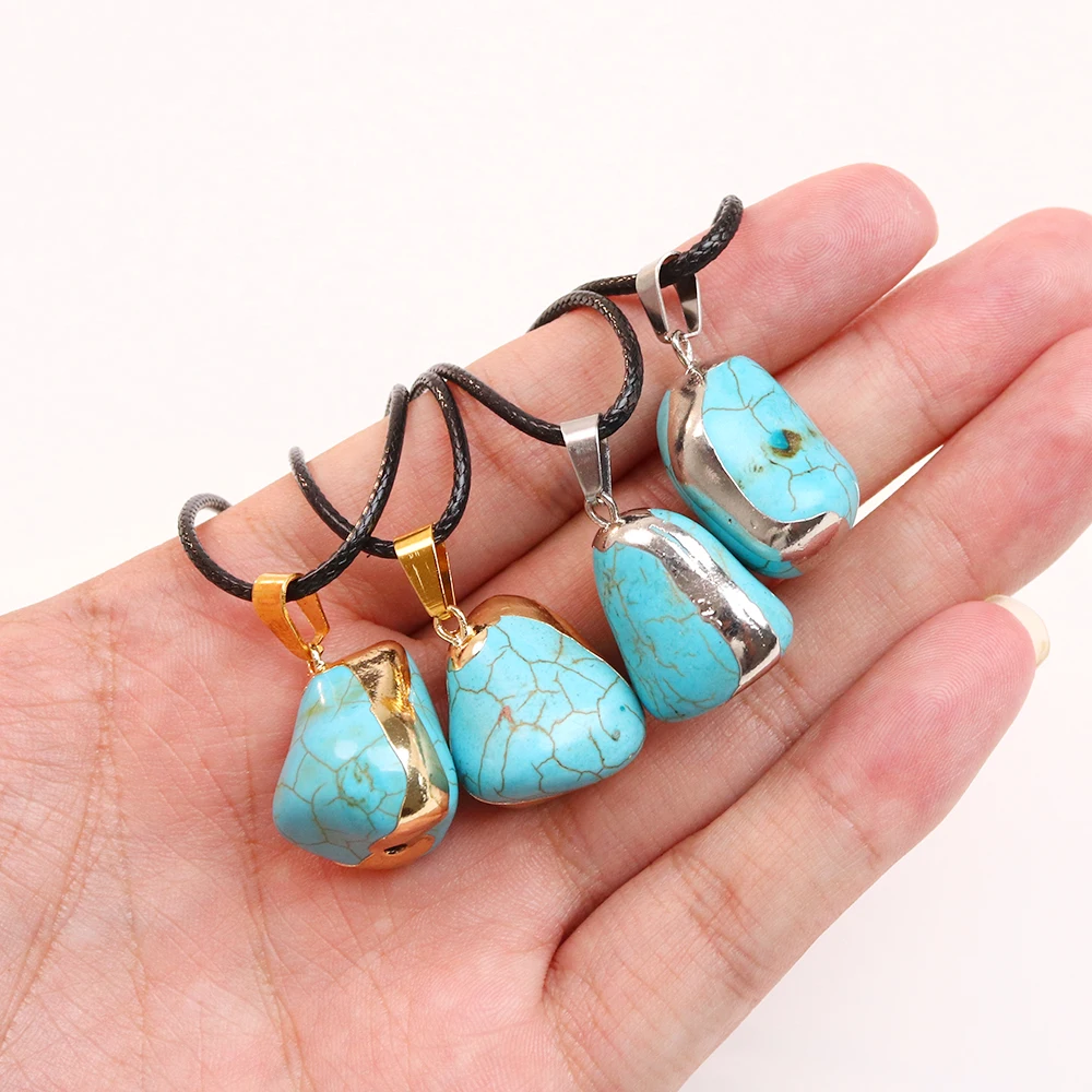 

High Quality Blue Turquoise Natural Stone Necklace Irregular Golden/Silvery Edge Pendants Rope Chain Jewelry 4 Pcs Wholesale