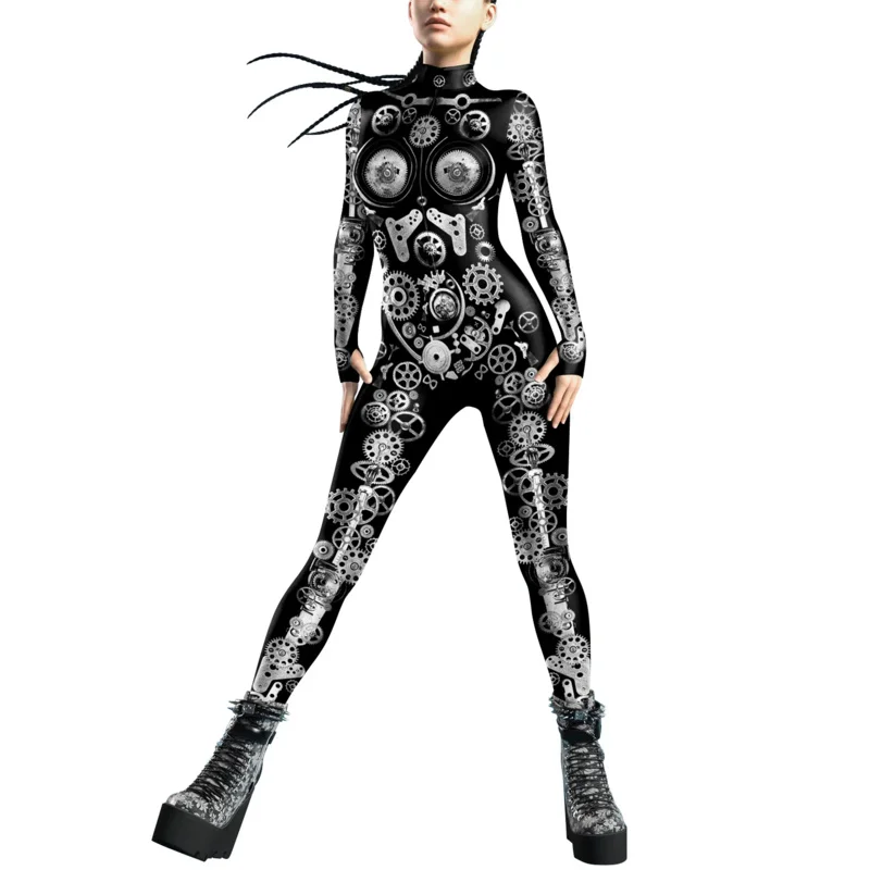 Mechanical Gear Punk Woman Zentai Bodysuit Costume Halloween Festival Catsuit Front Zipper Jumpsuit Outfit with Thomb Sleeves