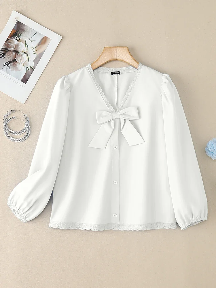 VONDA 2025 秋 韓国風トップス レディース リボン Vネック エレガントブラウス おしゃれシャツ パフスリーブ ボタン 無地 チュニック ホリデーブラウス