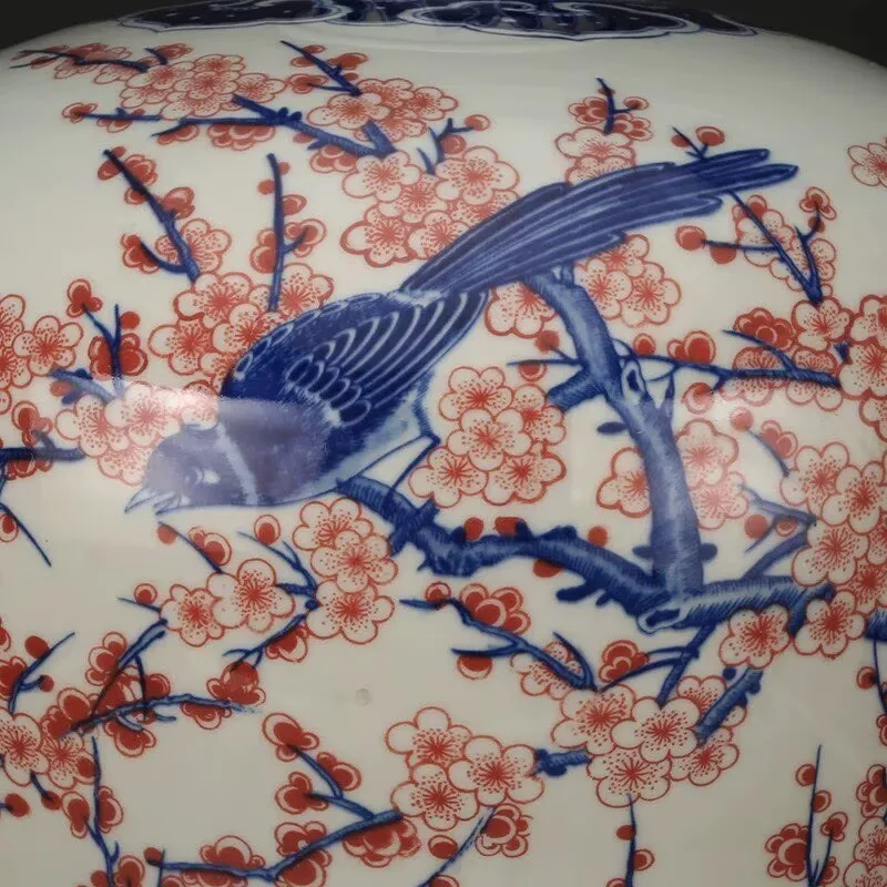 Chinese Blue & White Porcelain Vase Qing Qianlong Red Flowers Birds Design 17.0