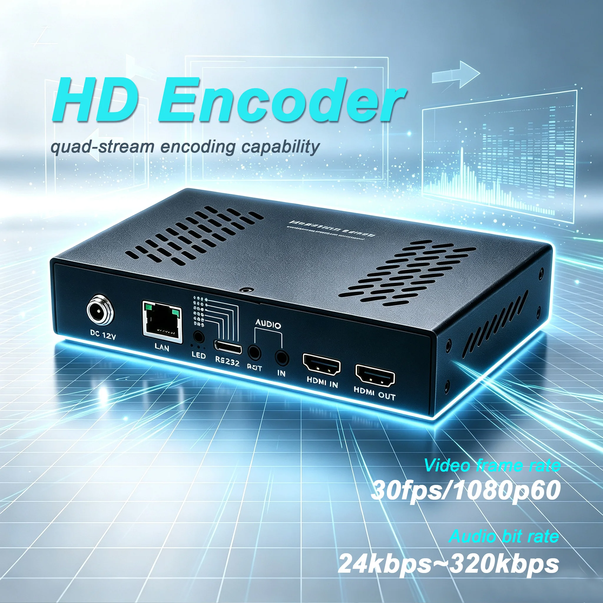 HD encoder with quad-stream encoding capability, for long-distance HD video transmission and live streaming