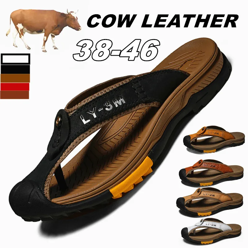 Genuine Cow Leather Shoes Men Sandals Mens Flip Flops Men\'s Casual Shoes Classic Massage Beach Slippers Anti-slip Summer 2021