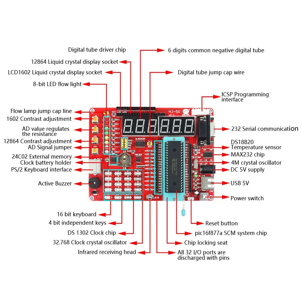 Development Learning Board PIC USB Programmable MCU Controller System Board Module PIC16F877A HJ-5G Experimental Platform