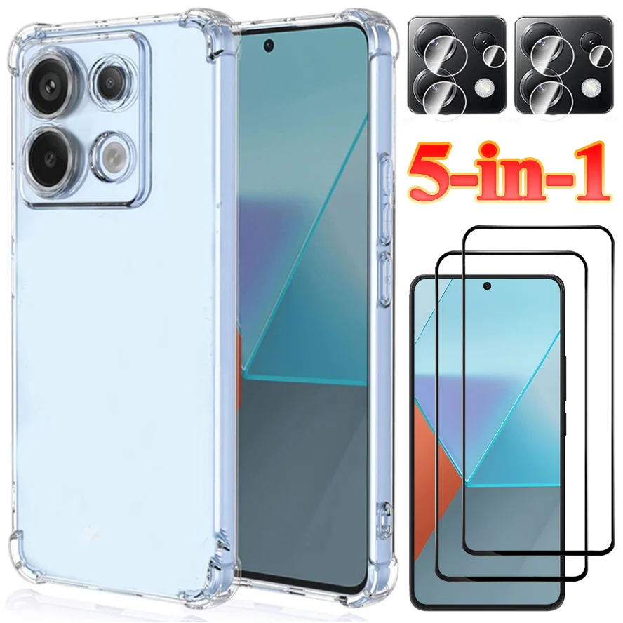 

5-in-1, Tempered Glass + Case for Poco-X6 Soft Clear Shockproof Silicone Phone Cases Pocophone X 6 Cover Xiaomi Poco X6 5G Case