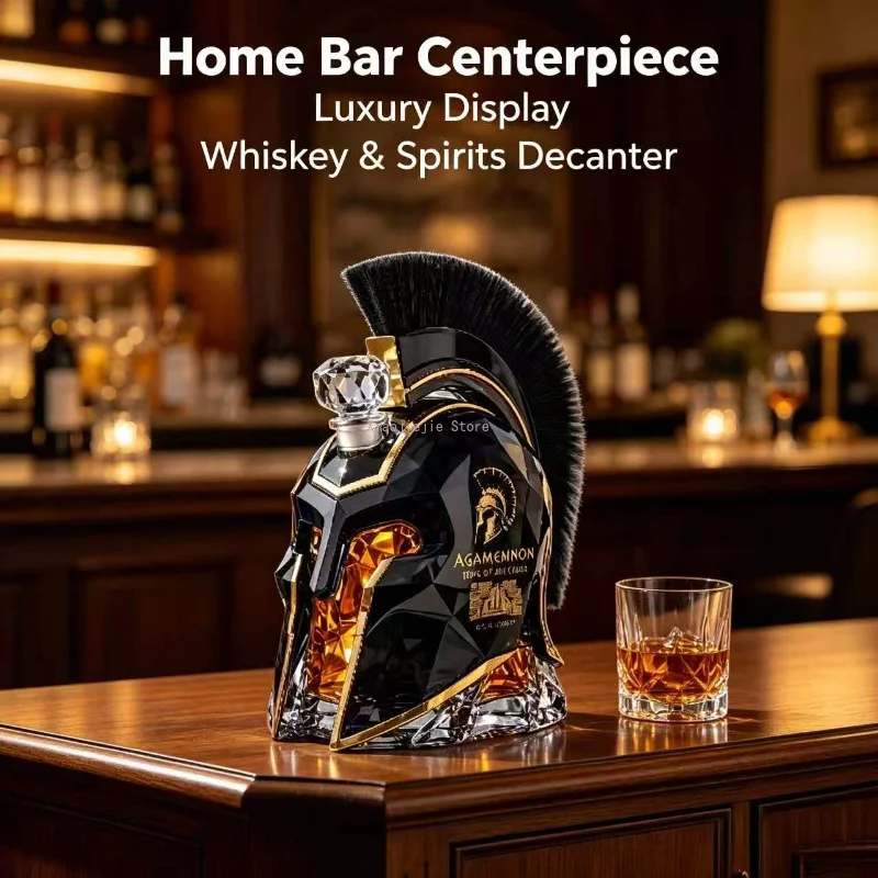 Creative Spartan Helmet Shape Glass Decanter, Liquor Wine Storage Bottle for Home Bar Display Ornament