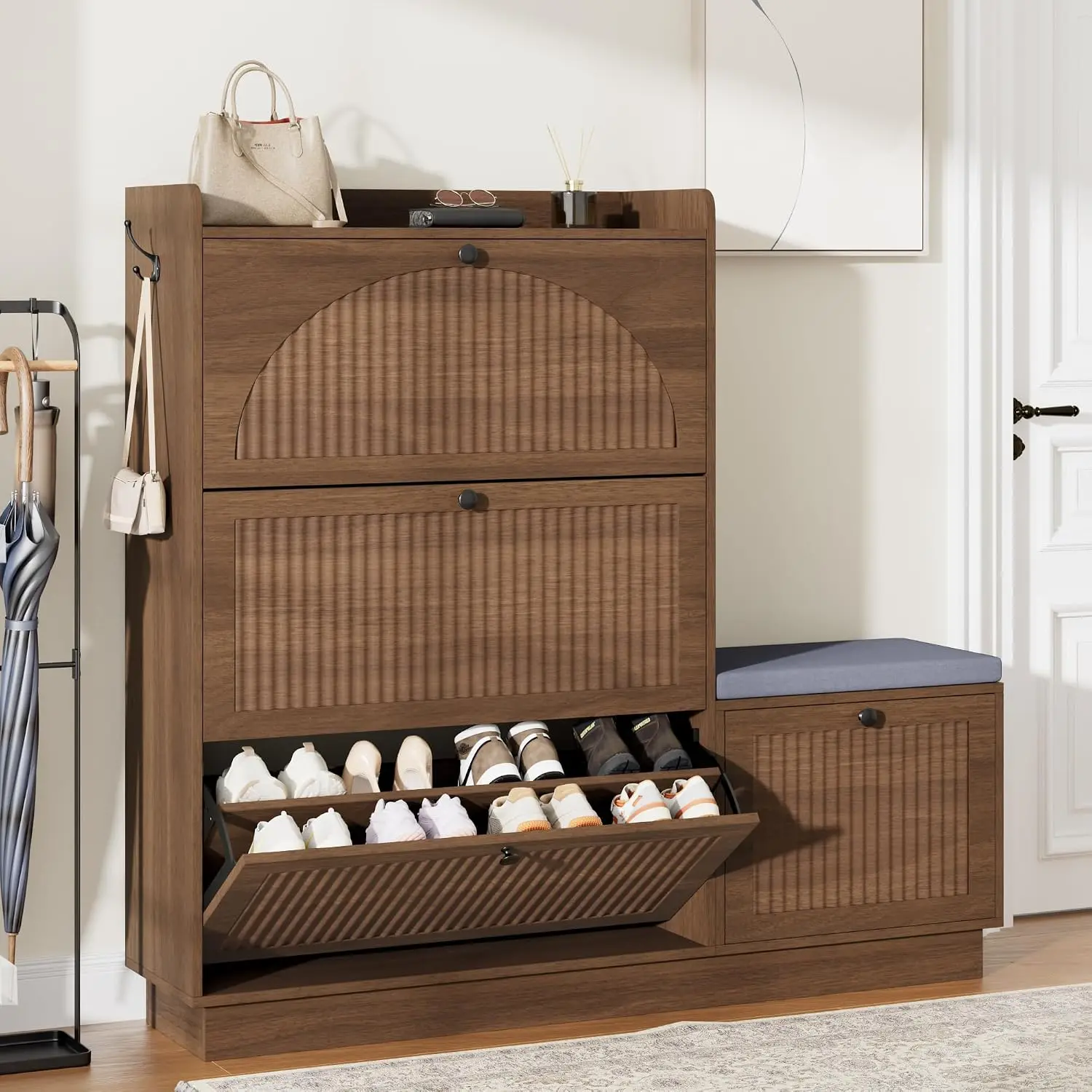 Shoe Cabinet with Bench, 4‑Flip Drawer Fluted Shoe Storage Cabinet with Removable Adjustable Shelves, Side Hooks & Anti‑Tip