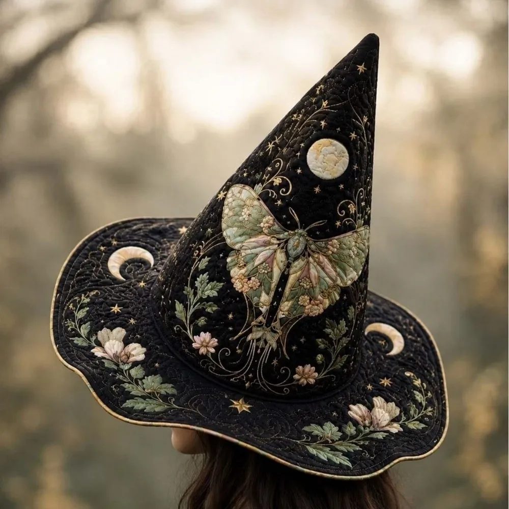 Gothic Wide Brim Halloween Witch Hat Vintage Quilting Process Pointed Wizard Hat Flower Butterfly Party Hat Halloween