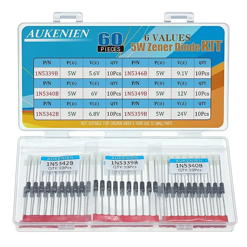 

AUKENIEN 5W Zener Diodes Assortment 6 Value 60 Pieces 1N5339B 1N5340B 1N5342B 1N5346B 1N5349B 1N5359B Zener Diodes Assorted Kit