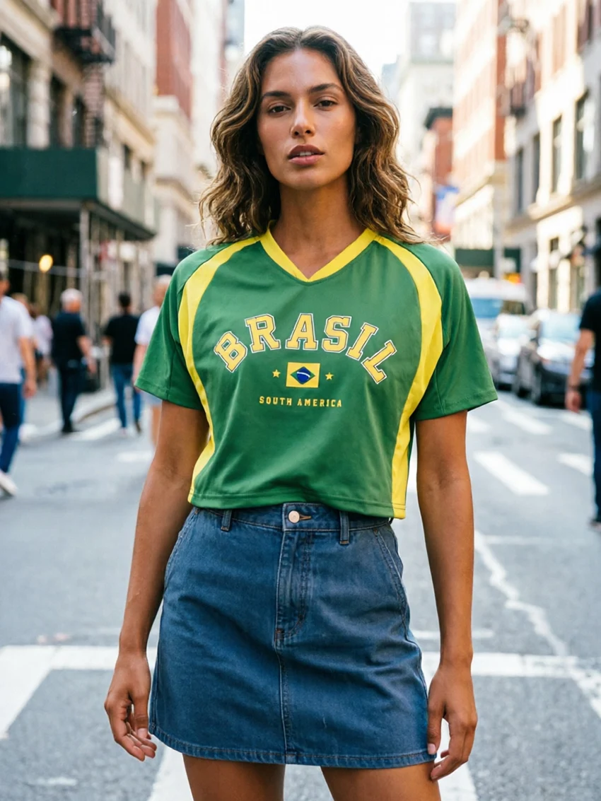 Coquette Ladies Green Yellow Color Block Raglan Tee BRASIL South America Flag Graphic V Neck Cropped Short Sleeve Casual Blouses