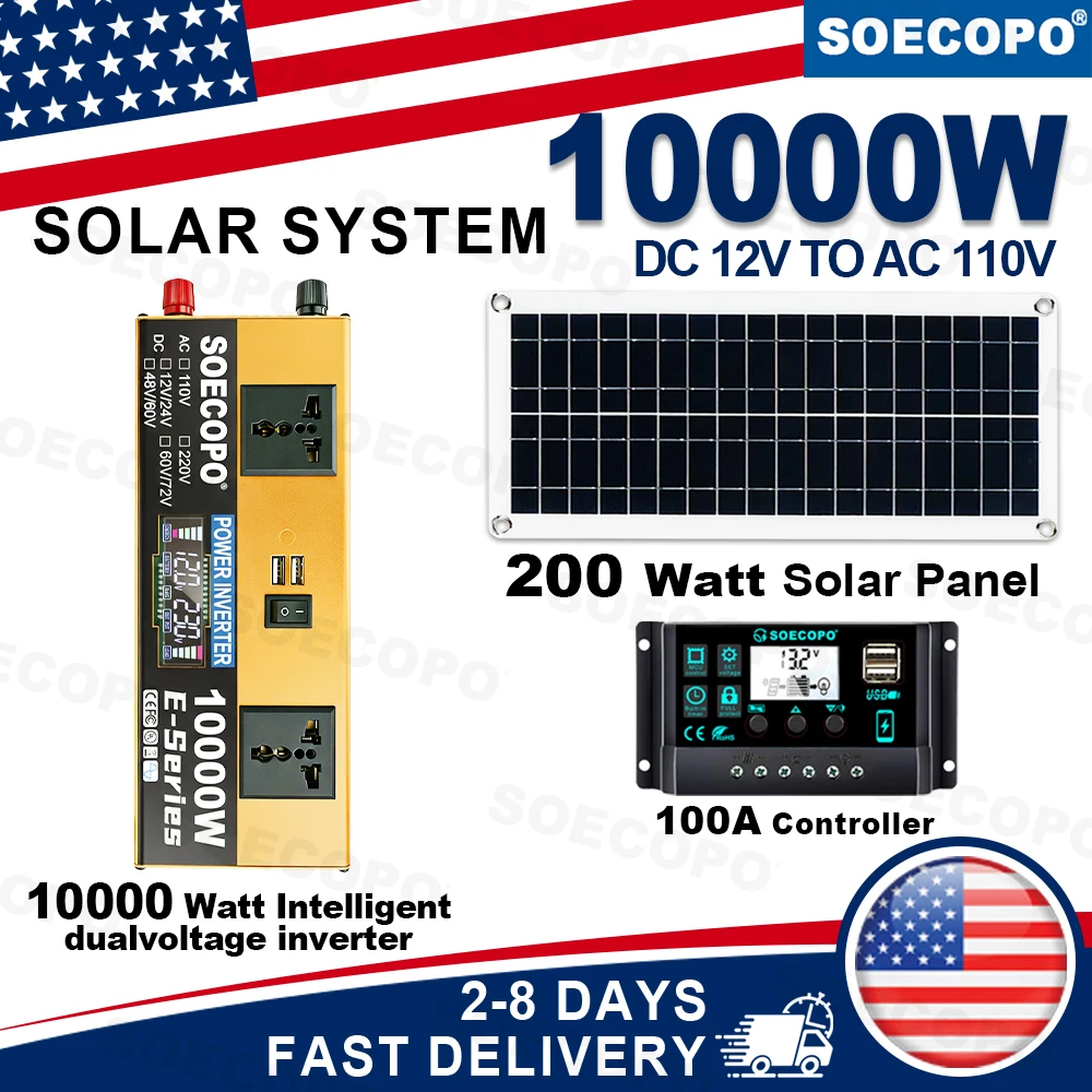 SOECOPO 10000W Peak 1100W Rated Solar Power System Kit 200W Solar Panel 100A Charge Controller DC 12V to AC 110V Inverter LCD Dual USB for Home RV Camping Off Grid Emergency Backup Ships from USA US Warehouse 2-8 Days Fast Delivery