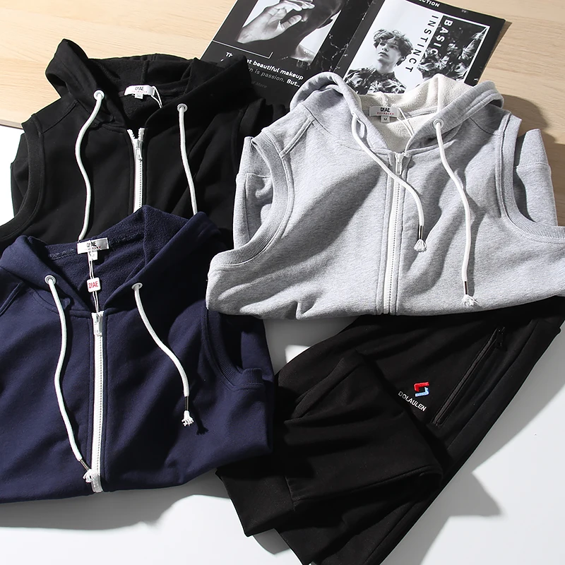 Japanese Simple Style! Loop Cotton Fabric! Men's Spring Casual Sports Hooded Loose Vest Tank Top Youth Active Style Spring Re...