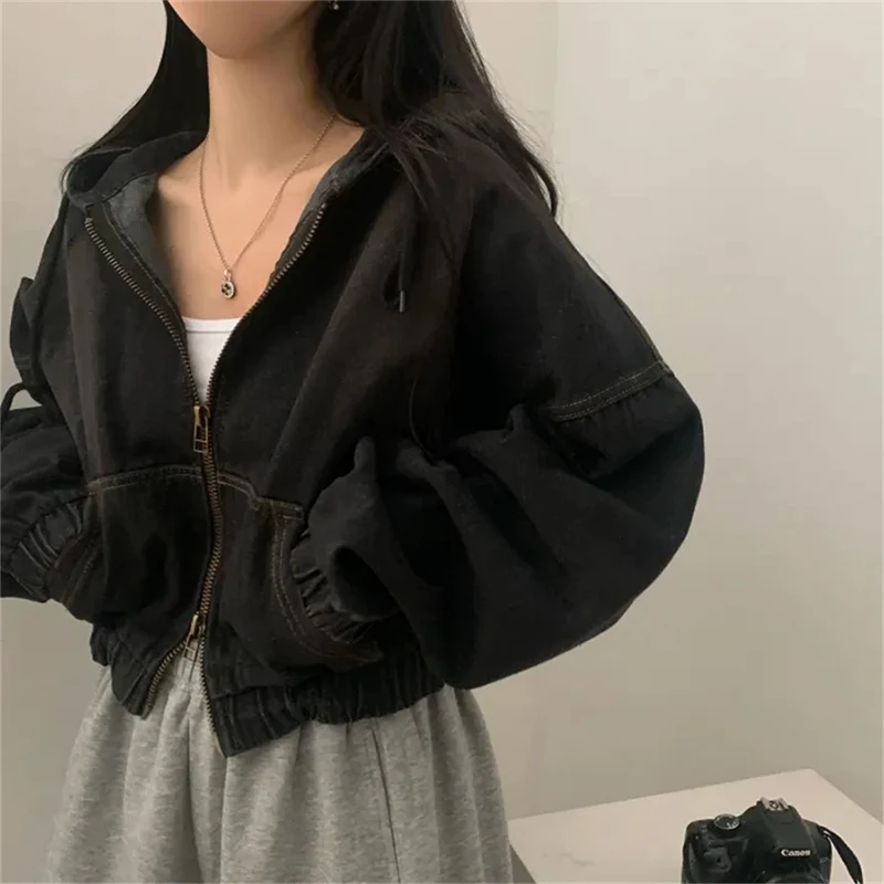 

Denim Coat Tight Fitted Womens Fall Wide Belted Polyester Snap Button Standneck Flared Sportswear Blended Outcoats Loose-Fitting