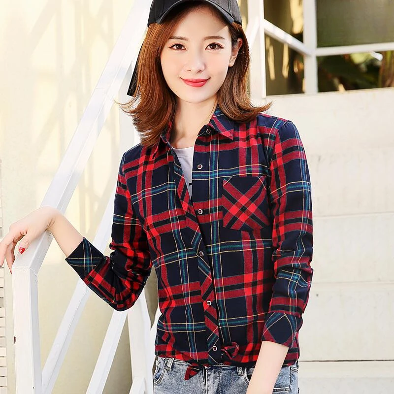 New in shirt 100%cotton long-sleeve shirts for women slim fit shirt elegants plaid tops fashion soft clothes streetwear blouse