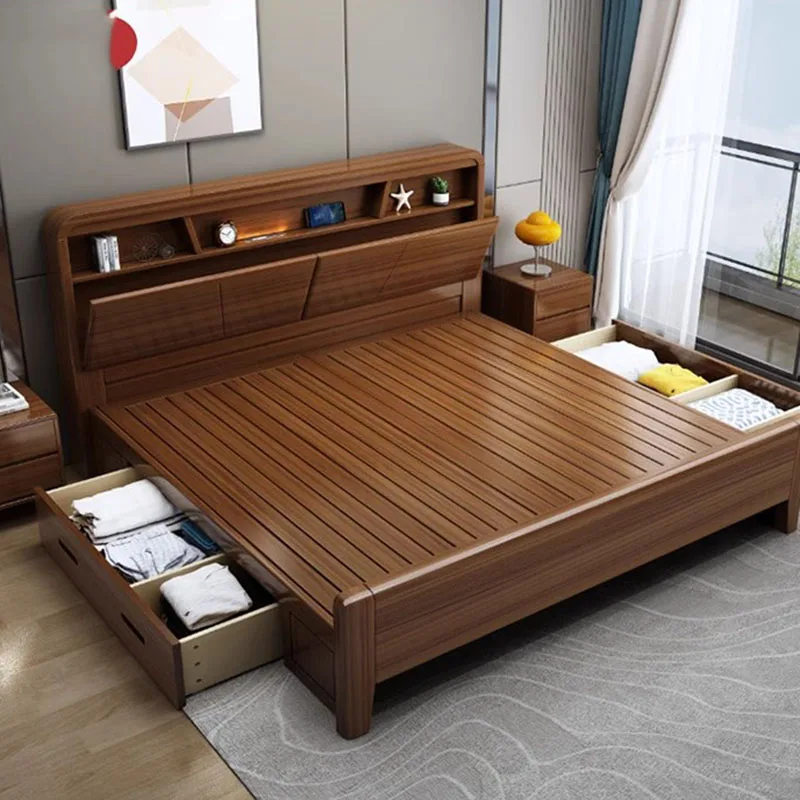 Nordic Luxury Modern Double Bed Under Storage Master Bedroom King Double Bed Wood Frame Camas De Matrimonio Dormitorio Furniture