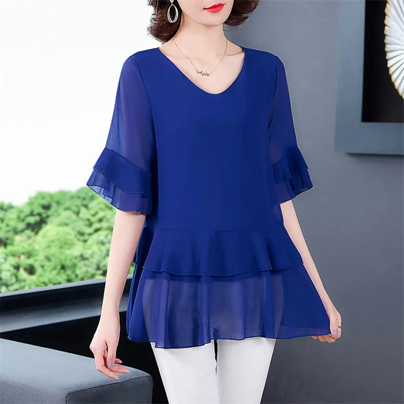 Frauen V-Ausschnitt halbe Ärmel Chiffon Blusen & Hemden Dame elegante Rüschen weiche schlanke Tops weibliche Korea Stil Tops 10 Farben