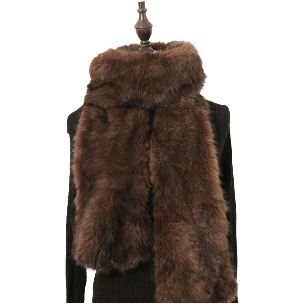 Dark Brown Faux Plush Scarf Women Winter Thick Warm Long Shawl Wrap Double Sided Knit Reversible Layering Coverage