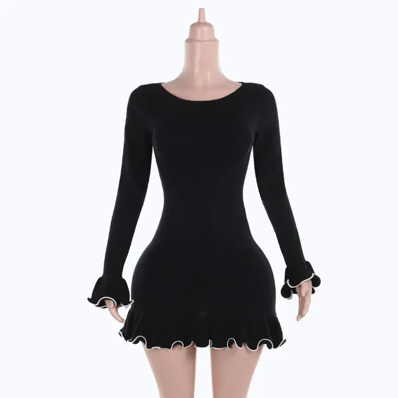 Vestido negro con volantes de punto para mujer, minivestido Sexy elegante, suéter de punto ajustado de lujo, ropa gruesa y cálida para Otoño e Invierno