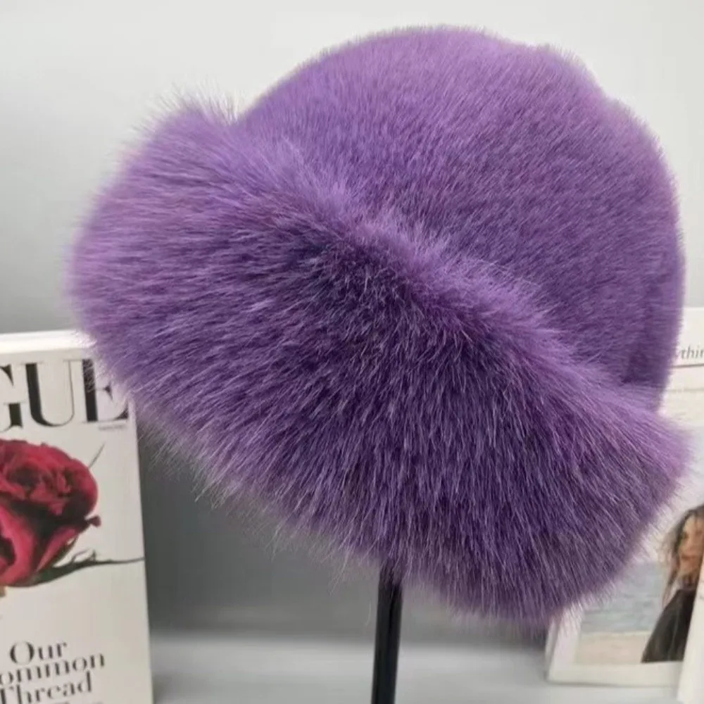 Fashion Headwear Fluffy Fur Winter Hat Solid Color Thicken Bucket Hat Plush Cold Windproof Panama Cap for Women Girls