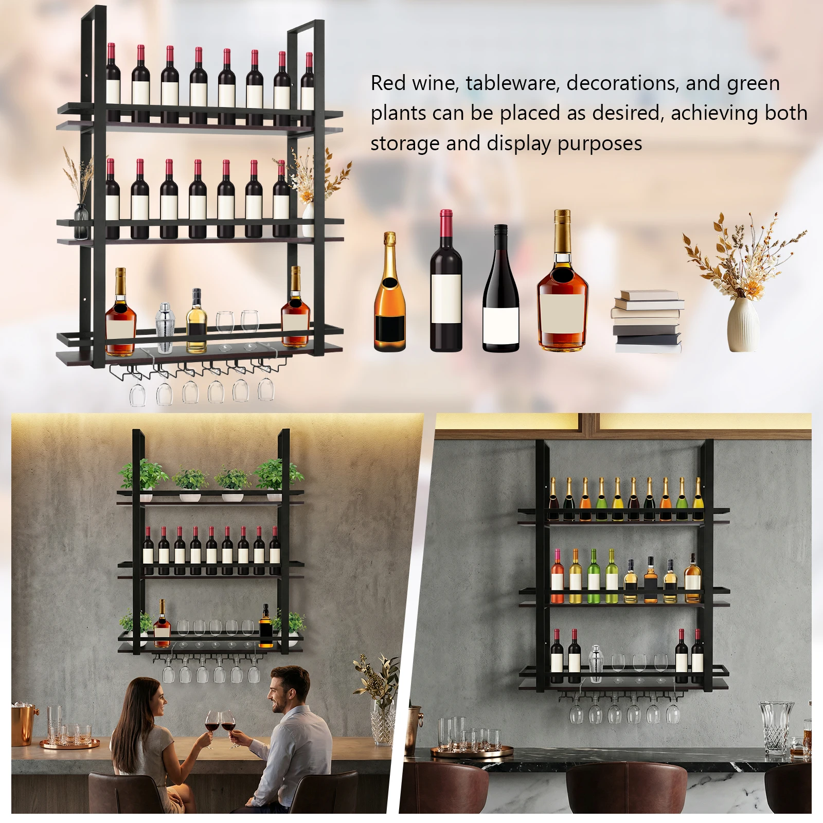 

Трехуровневые настенные металлические полки для бара с держателями для стаканов для кухни, дома, столовой, гостиной