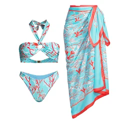 Women Sexy Swimwear With Skirt Summer Print Two Piece Bikini and Cover Up Push Up Beachwear Luxury Bathing Suit Biquini Female