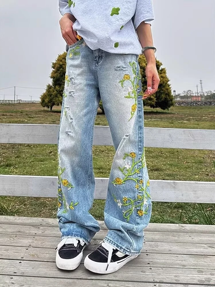 

Women's Embroidered Floral Denim Pants High Waisted Street Style Jeans Cool Girl Casual Bottoms Female Wide Legs Trousers