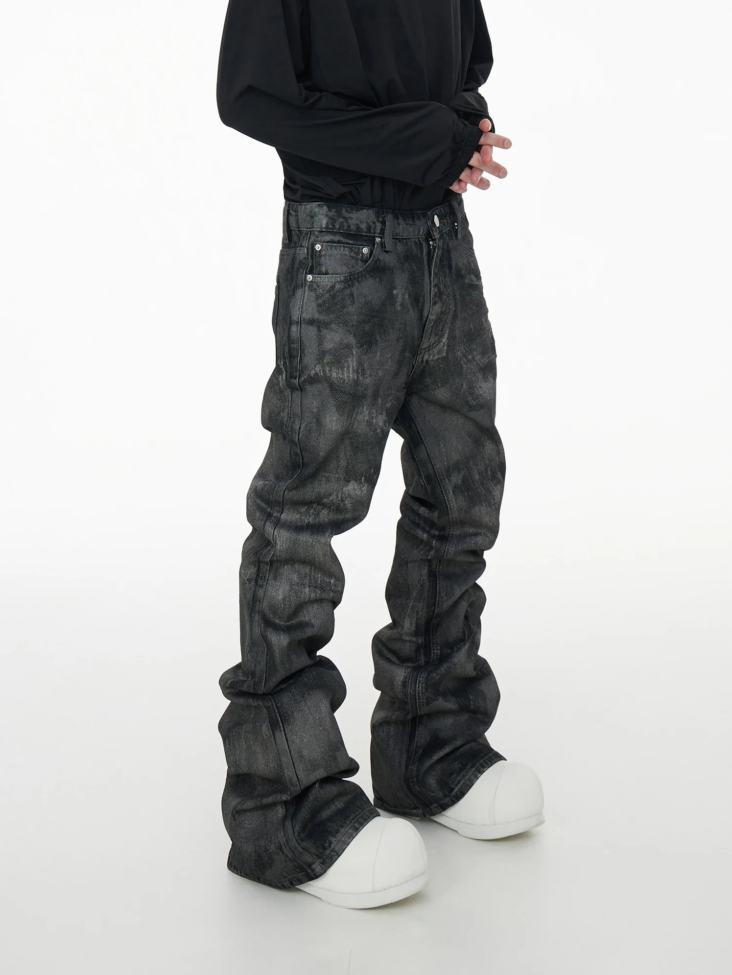 

ASTT 24SS Hand Brushed Glitter Coated Slim Fit Flared Jeans Trendy Low Waist Distressed Denim Pants Street Style for Men