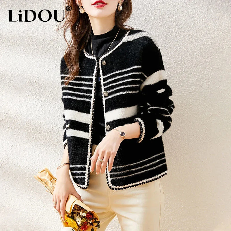 

Autumn Winter New Temperament Round Neck Long Sleeve Button Cardigan Women Contrast Color Striped Elegant Casual All-match Coat