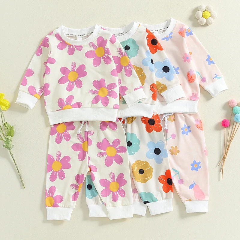 Children Clothing Toddler Girl Clothes Flower Print Tops Pants Set Kids Spring Autumn 2PCS Outfit