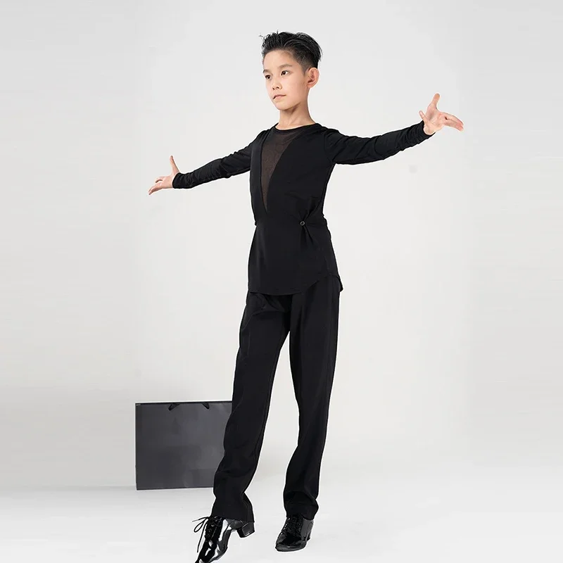 Nieuwe Latin Dansvoorstelling Kostuums Jongens V-hals Mesh Tops Zwarte Broek Pak Kid's Rumba Tango Danstraining Kleding