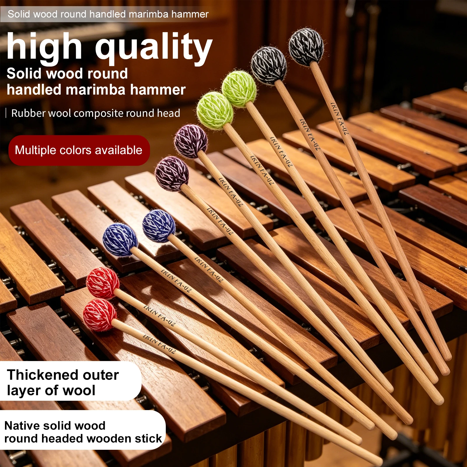 IRIN FA-02 Marimba Mallet Pair – Round Wool Rubber Head Beech Handle Drumsticks Soft Warm Tone Percussion Instrument Parts
