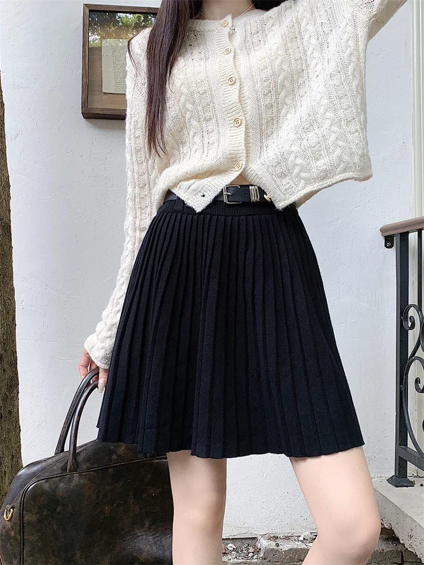 Alien Kitty Streetwear Loose Pleated Skirts Knitted Women With Belt Autumn Chic All Match Hot Sale New High Waist Slim Casual