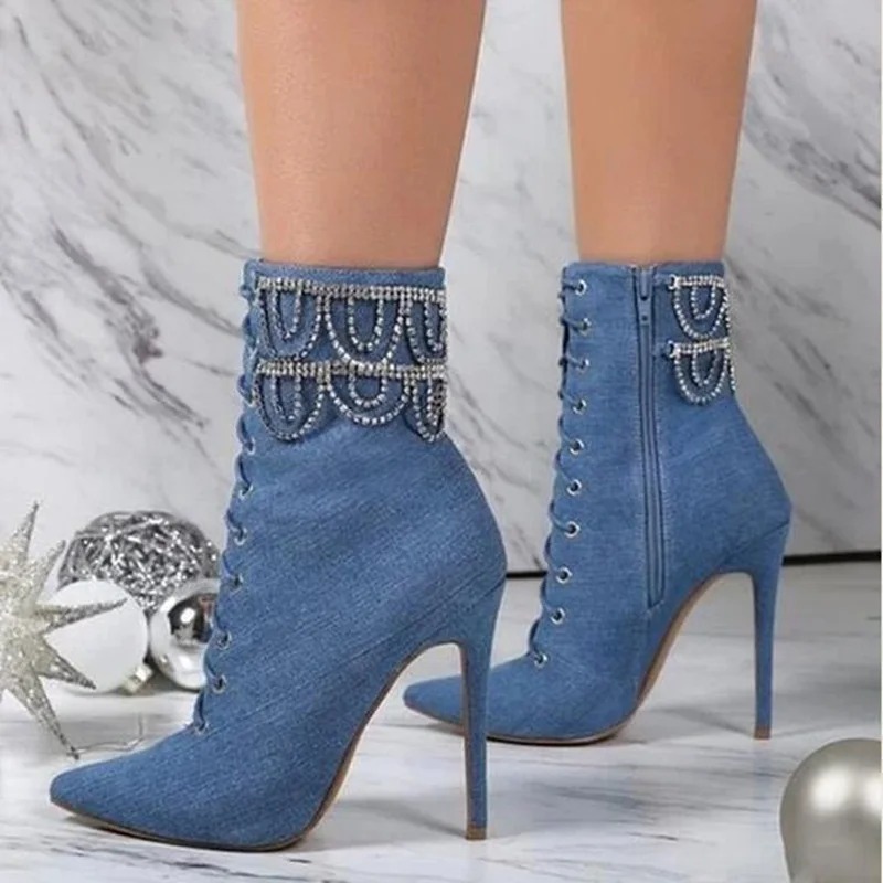 

Rhinestone Glitter Fringe Ankle Boots Pointed Toe Blue Denim Lace Up Thin Heels Spring Autumn Short Bootie Size 42