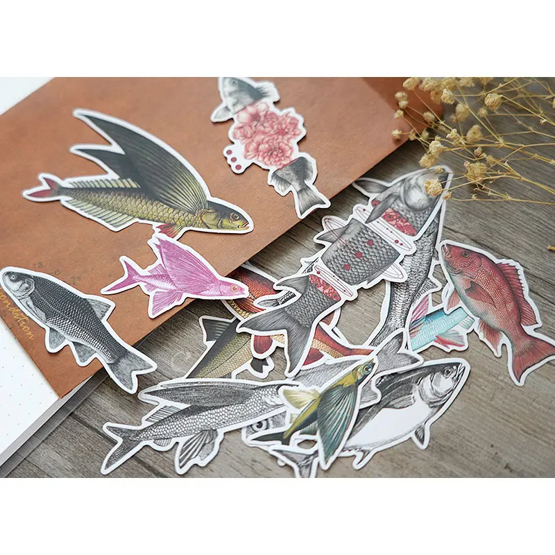 16pcs Flying fish vintage Stickers Crafts Scrapbooking stickers book Student label Decorative sticker DIY Stationery